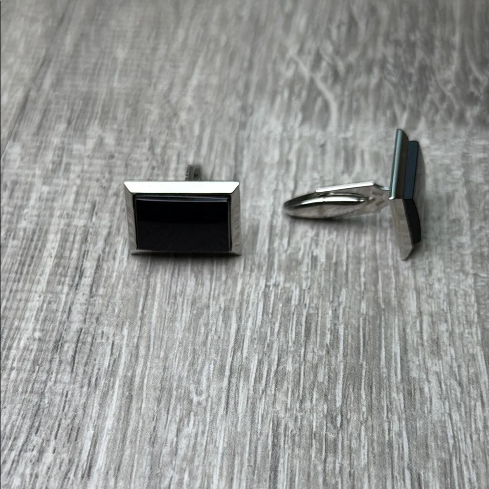 Sophisticated Silver and Black Rectangular Cuff Links